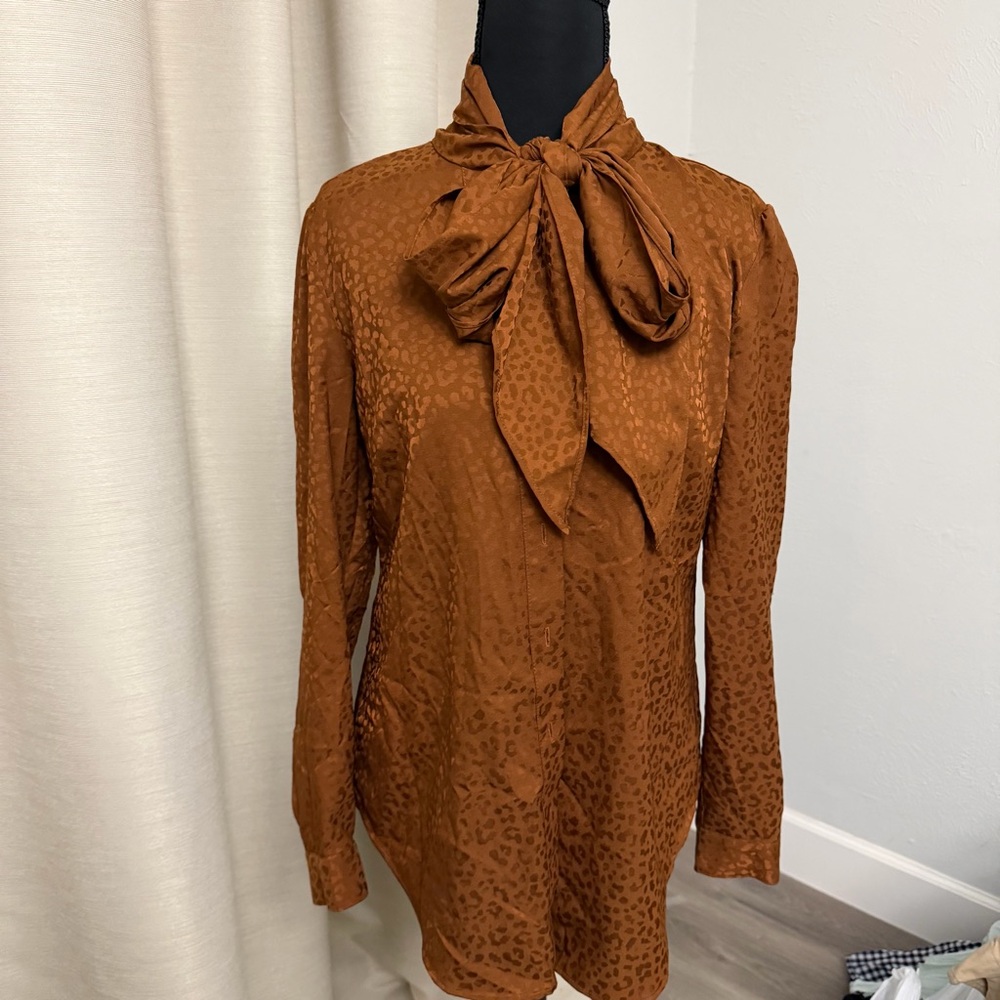 Ann Taylor Rust Bow-Tie Leopard Jacquard Blouse
